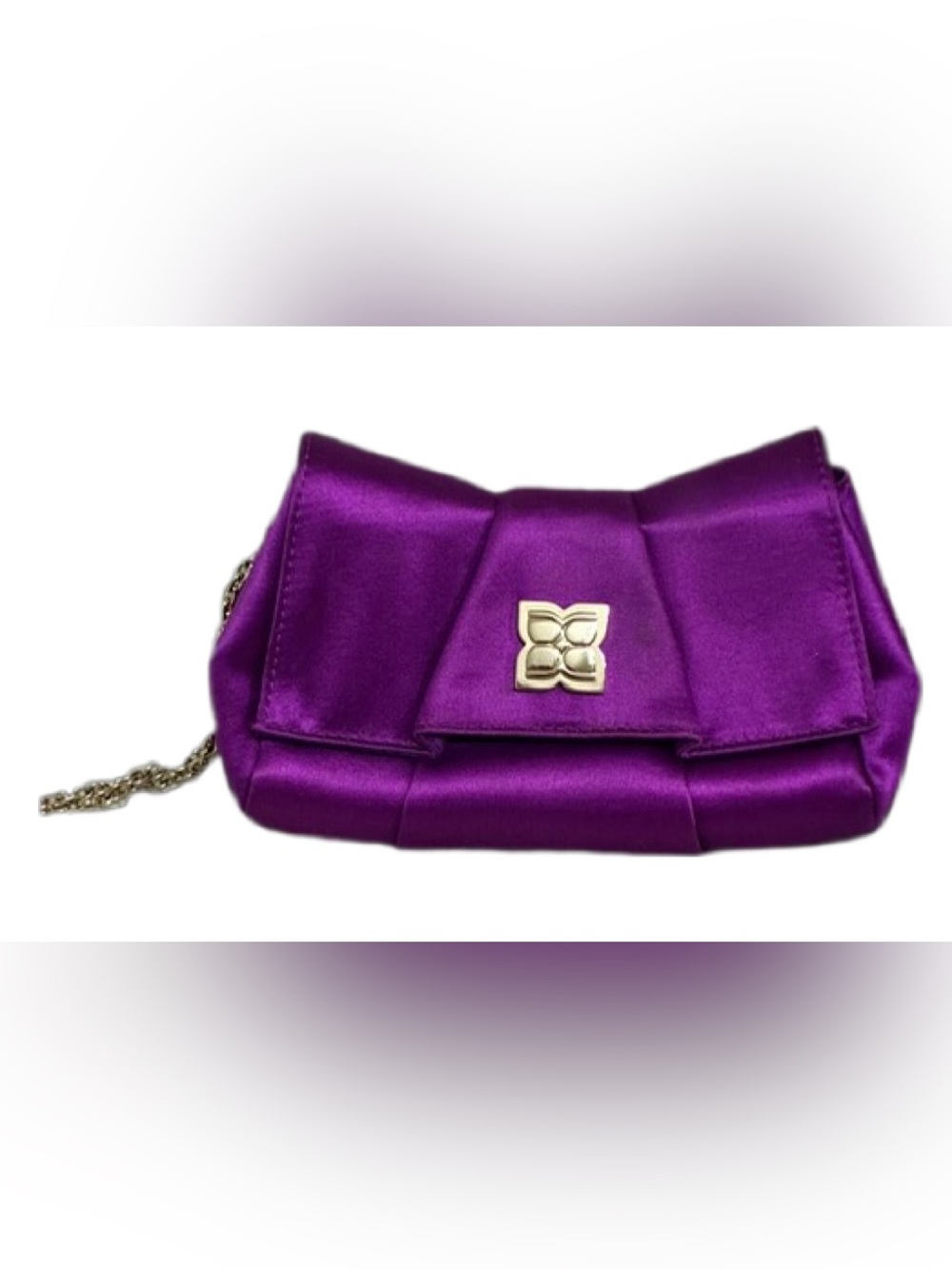 BCBG Max Adria EUC Purple satin bow clutch bag with gold chain